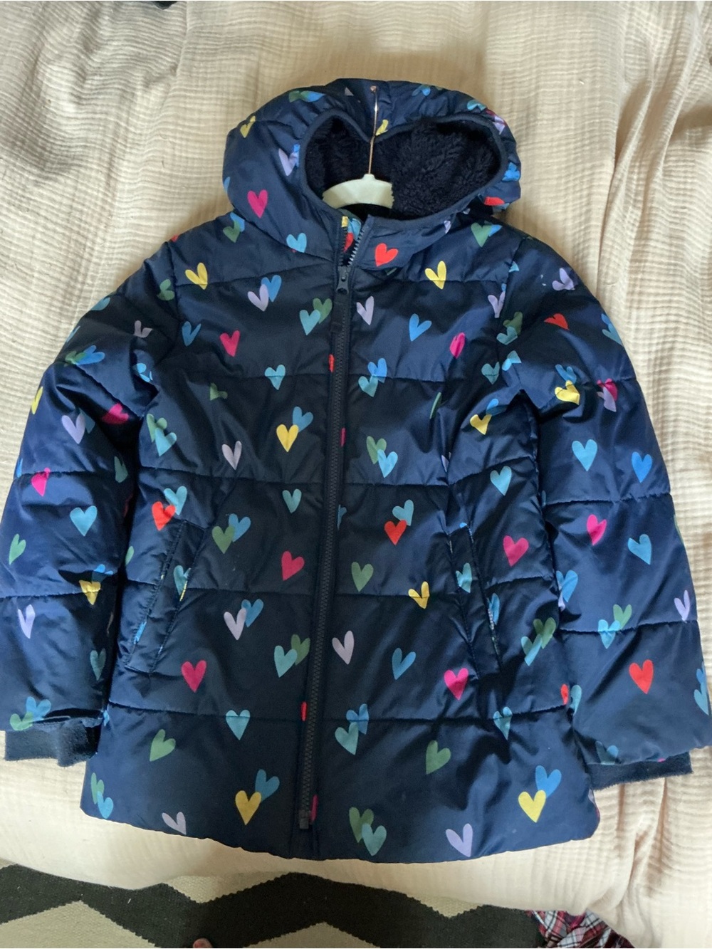 Primary Navy Puffer Jacket with Multicolor Heart Print